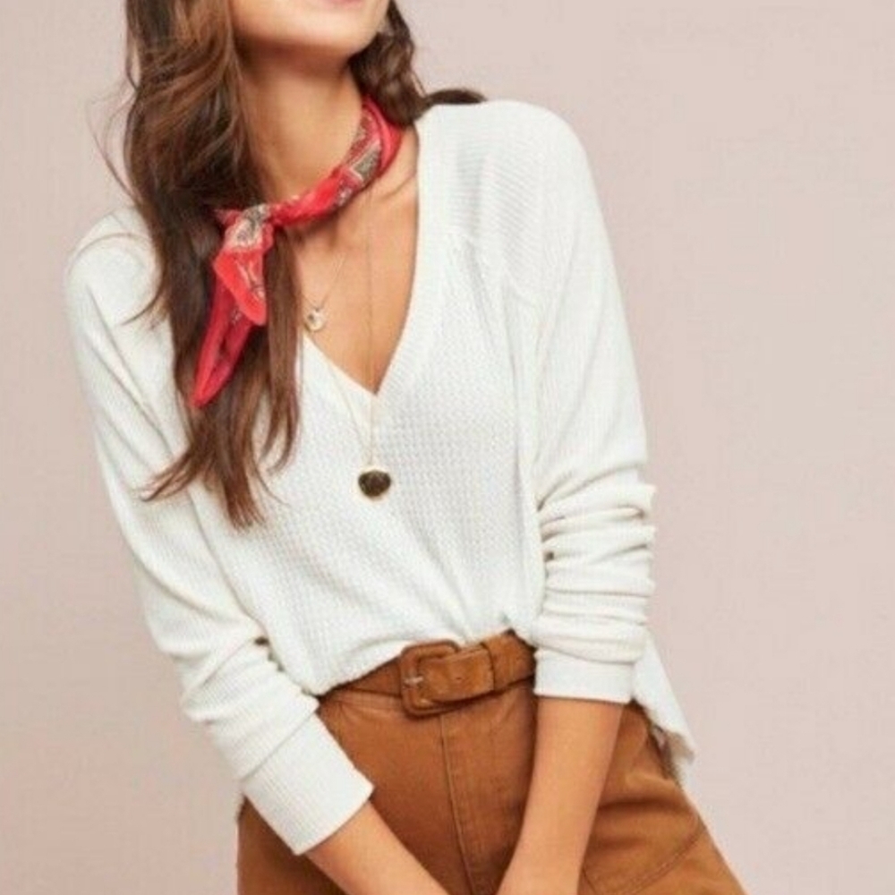 Maeve By Anthropologie Pearson Long Sleeve Ivory Waffle Knit Thermal Siz…